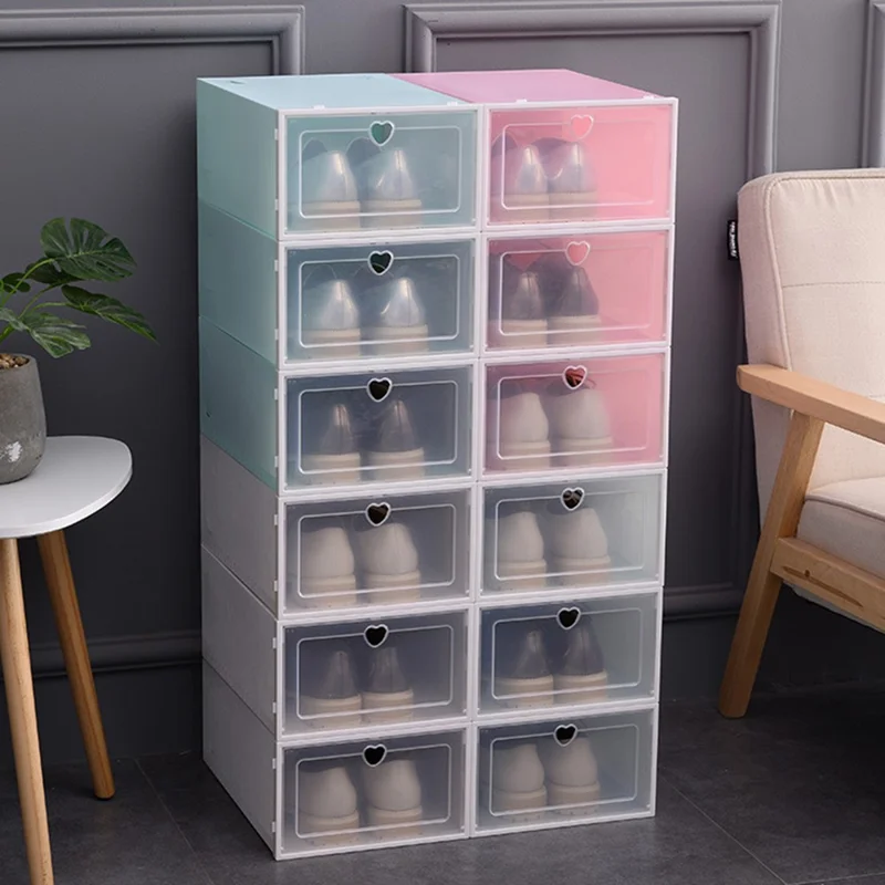 Shoes Storage Box Transparent PP Thickened Stackable Shoes Organizer Container with Lid, Size L - Pink Round Hole