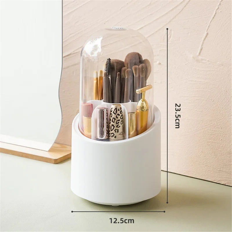 360 Degree Rotating Makeup Brush Holder with Lid Dustproof Clear Makeup Brush Organizer Container - White