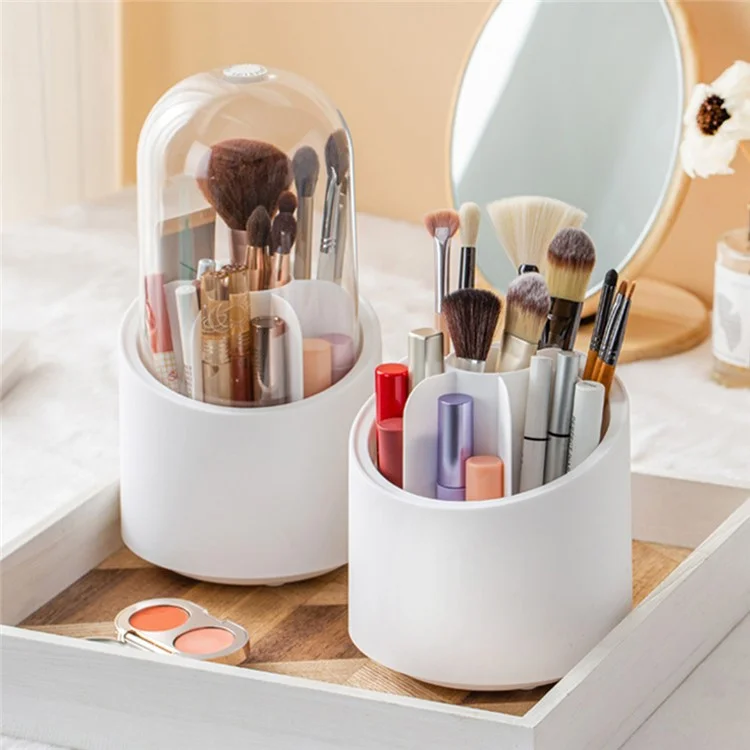 360 Degree Rotating Makeup Brush Holder with Lid Dustproof Clear Makeup Brush Organizer Container - White