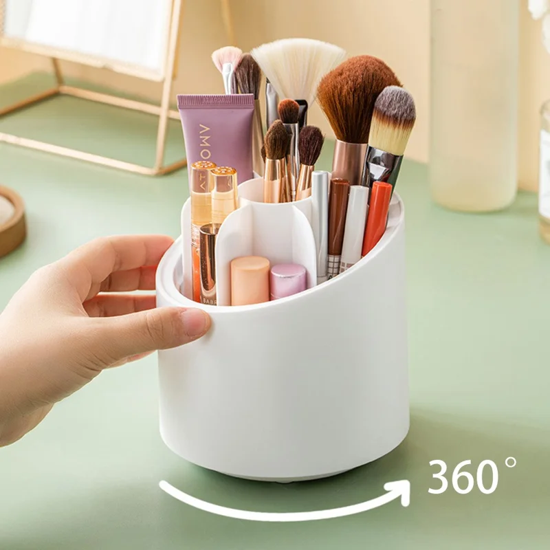 360 Degree Rotating Makeup Brush Holder with Lid Dustproof Clear Makeup Brush Organizer Container - White