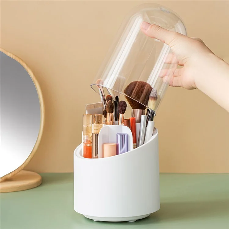 360 Degree Rotating Makeup Brush Holder with Lid Dustproof Clear Makeup Brush Organizer Container - White