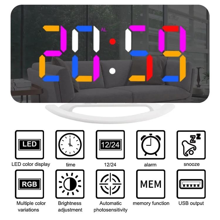 TS-8201 LED RGB Light Alarm Clock Mirror Surface Desktop Wall Hanging Clock with Dual USB Ports