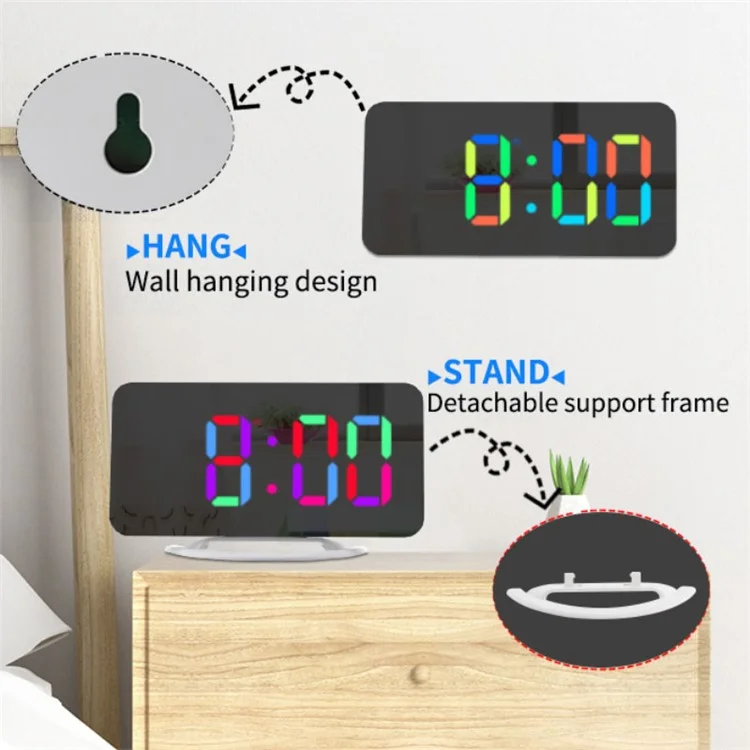 TS-8201 LED RGB Light Alarm Clock Mirror Surface Desktop Wall Hanging Clock with Dual USB Ports