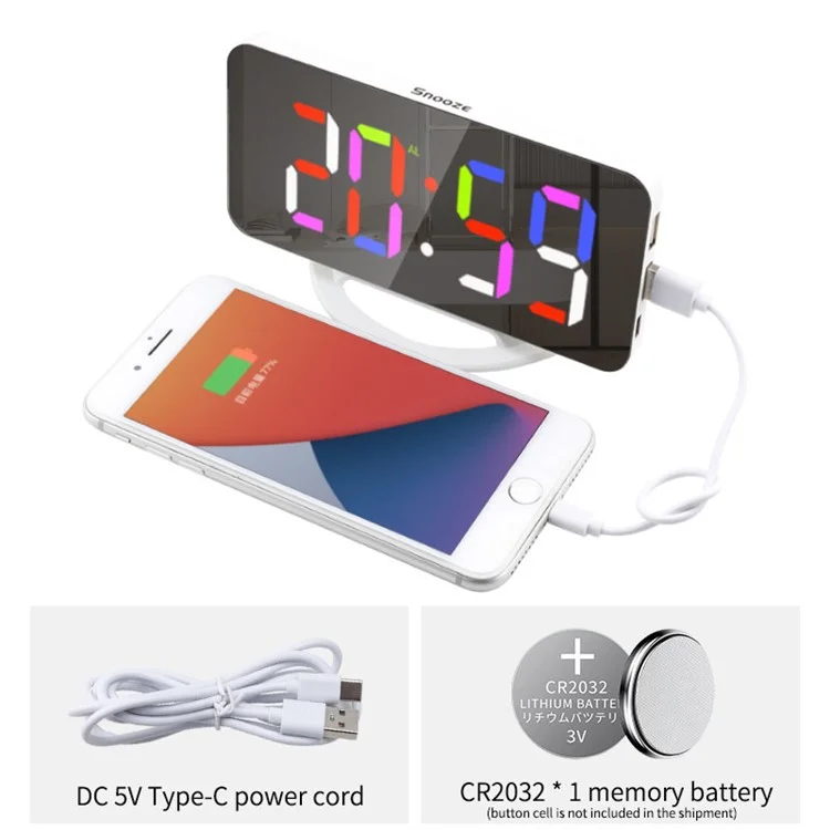 TS-8201 LED RGB Light Alarm Clock Mirror Surface Desktop Wall Hanging Clock with Dual USB Ports