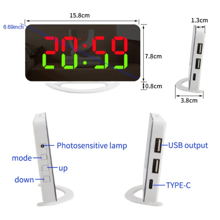 TS-8201 LED RGB Light Alarm Clock Mirror Surface Desktop Wall Hanging Clock with Dual USB Ports