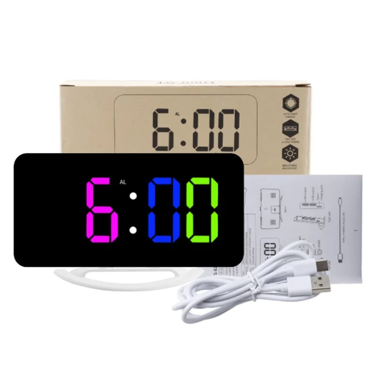 TS-8201 LED RGB Light Alarm Clock Mirror Surface Desktop Wall Hanging Clock with Dual USB Ports