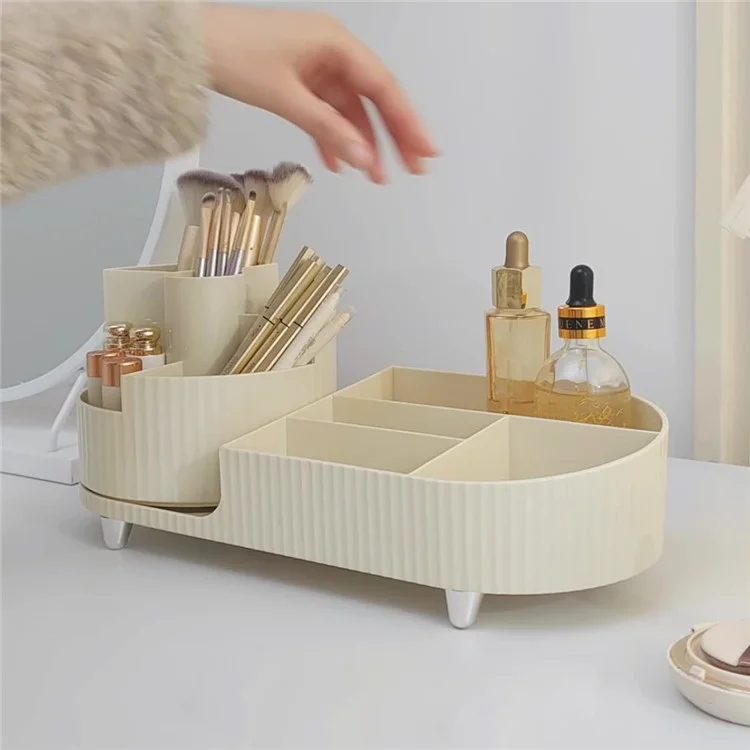 Vassoio Organizzatore per Trucchi in ABS+PET, Espositore per Cosmetici da Tavolo - Beige / Rastrello Rotante