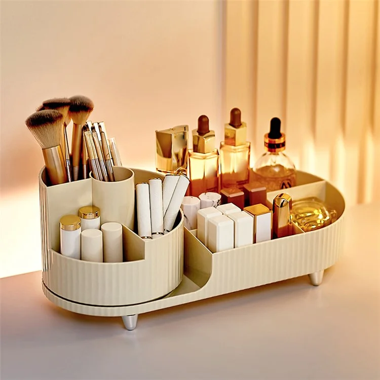 Vassoio Organizzatore per Trucchi in ABS+PET, Espositore per Cosmetici da Tavolo - Beige / Rastrello Rotante