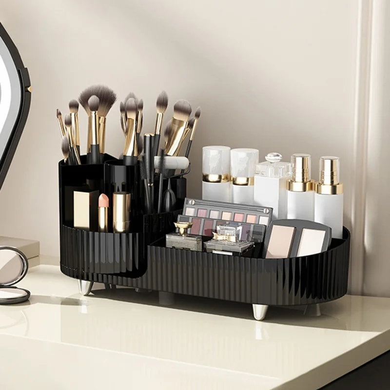 Vassoio Organizzatore Trucco in ABS+PET, Portacosemetici da Tavolo, Espositore per Cosmetici, Idea Regalo - Nero / Portaoggetti Girevole