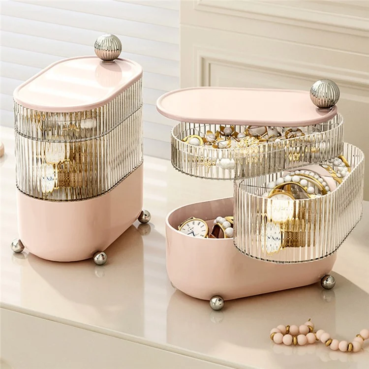Plateau de rangement rotatif, support de bracelet de bijoux multicouche transparent - Bille / Trois couches / Rose