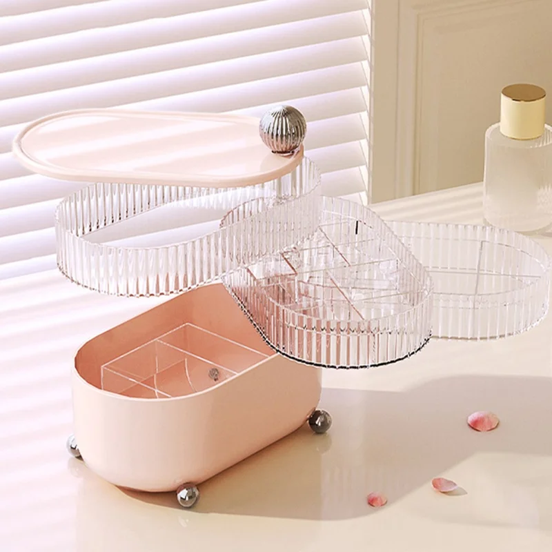 Rotary Storage Tray Rack Transparent Multi-Layers Earring Bracelet Jewelry Organizer Container - Ball / Four Layers / Pink