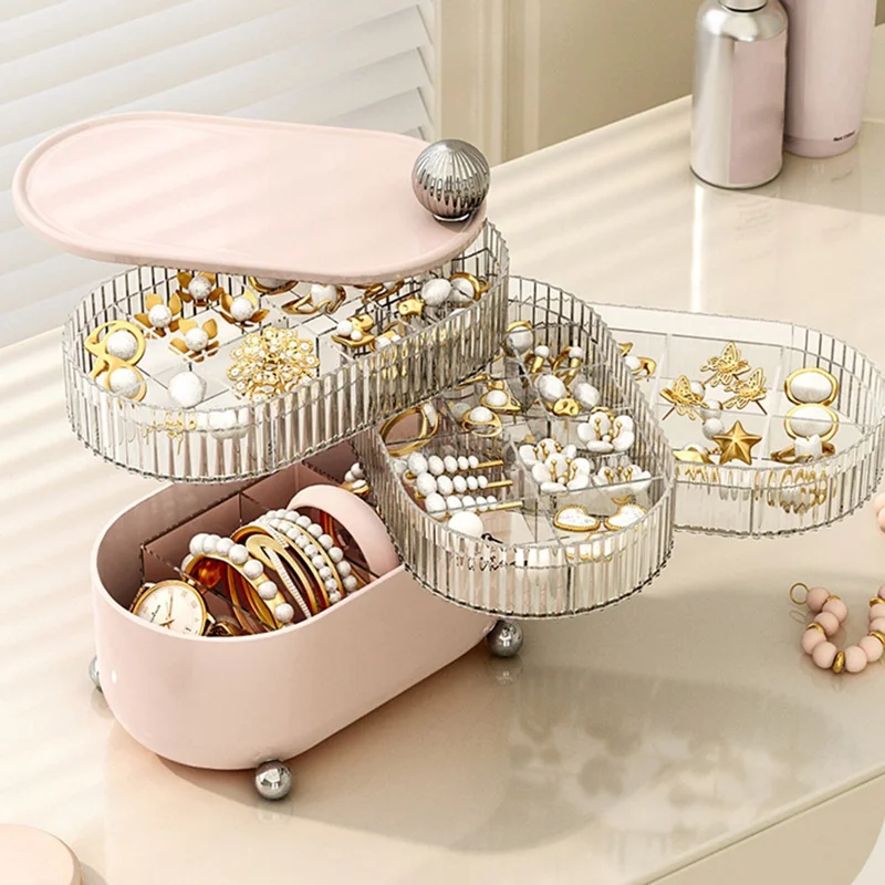 Rotary Storage Tray Rack Transparent Multi-Layers Earring Bracelet Jewelry Organizer Container - Ball / Four Layers / Pink