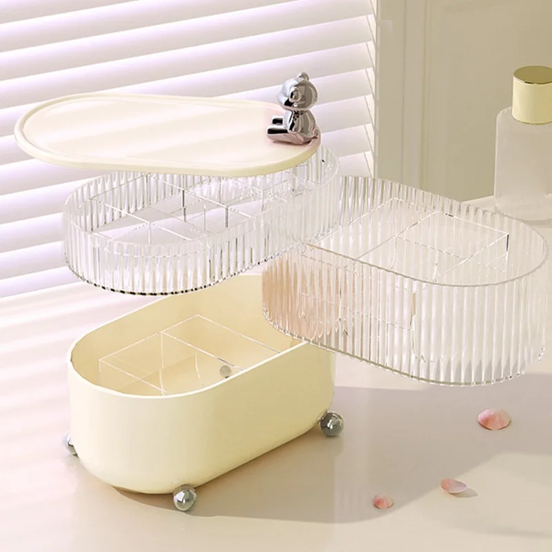 Rotary Storage Tray Rack Transparent Multi-Layers Earring Bracelet Jewelry Organizer Container - Bear / Three Layers / Beige