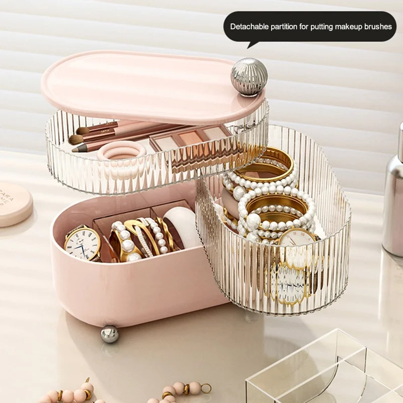 Rotary Storage Tray Rack Transparent Multi-Layers Earring Bracelet Jewelry Organizer Container - Bear / Three Layers / Beige