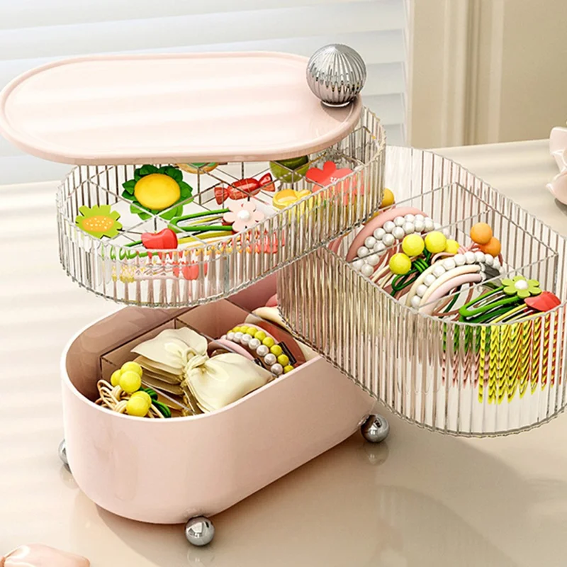 Rotary Storage Tray Rack Transparent Multi-Layers Earring Bracelet Jewelry Organizer Container - Bear / Three Layers / Beige