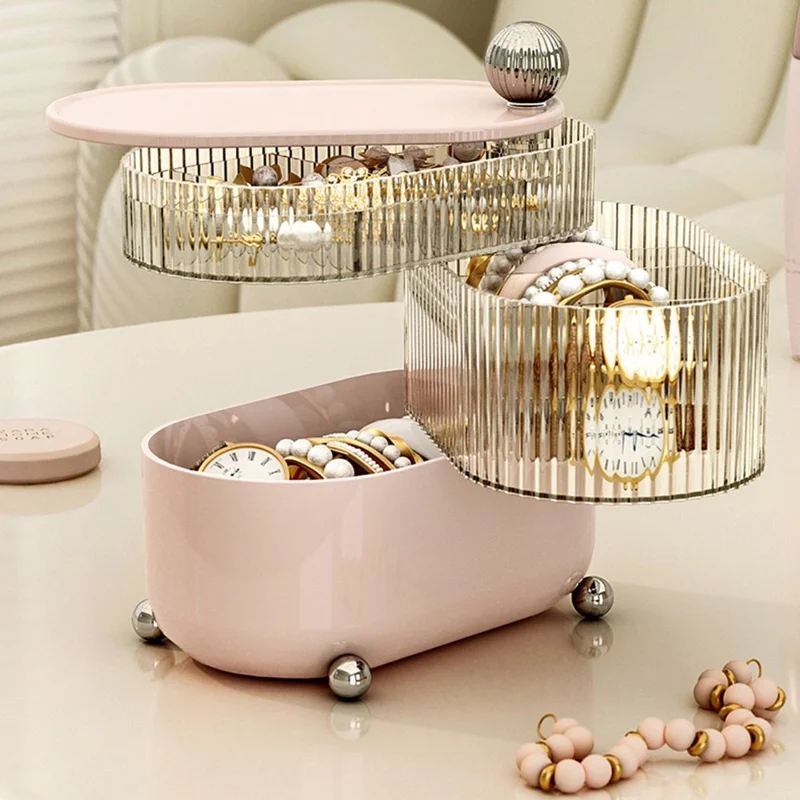 Rotary Storage Tray Rack Transparent Multi-Layers Earring Bracelet Jewelry Organizer Container - Bear / Three Layers / Beige