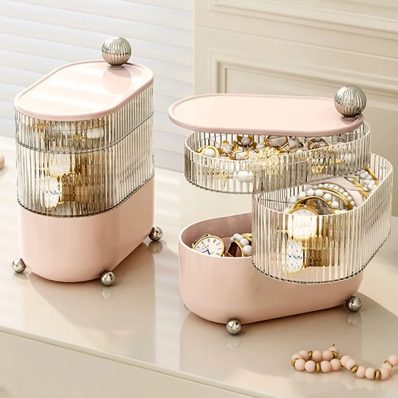 Rotary Storage Tray Rack Transparent Multi-Layers Earring Bracelet Jewelry Organizer Container - Bear / Three Layers / Beige
