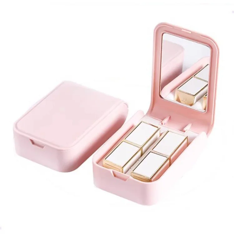 Boîte de rangement pour rouge à lèvres en ABS+silicone, portable, avec miroir pour femmes et filles - Rose