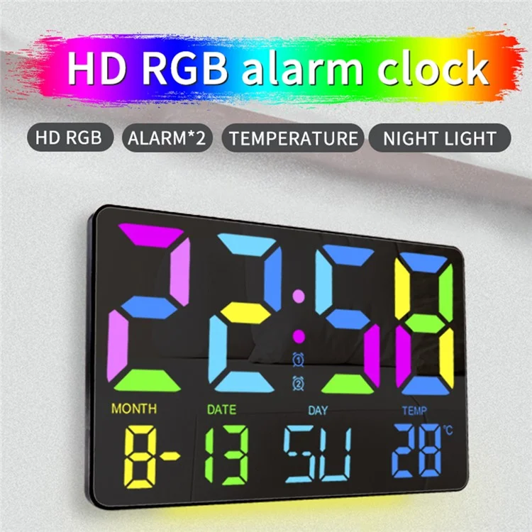 HD RGB Alarme Clock Night Light Display Display Relógio de Parede Com Exibição de Temperatura - Preto