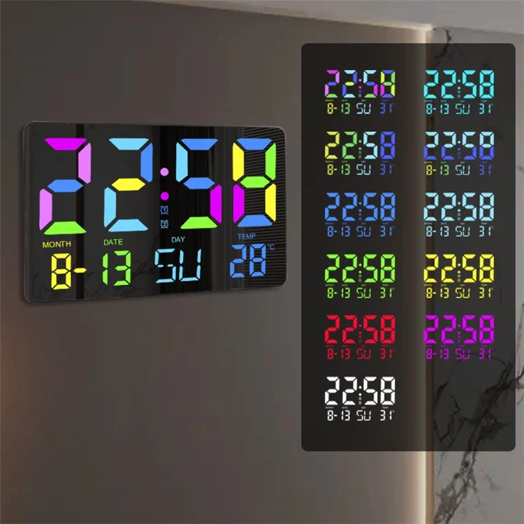 HD RGB Alarme Clock Night Light Display Display Relógio de Parede Com Exibição de Temperatura - Preto