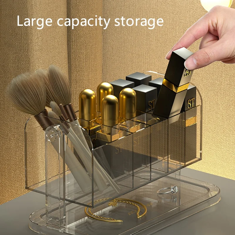 PET Lipstick Storage Box Multi-grid Dressing Table Makeup Brush Lip Glaze Transparent Organizer - Transparent Grey