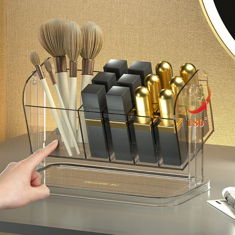 PET Lipstick Storage Box Multi-grid Dressing Table Makeup Brush Lip Glaze Transparent Organizer - Transparent Grey