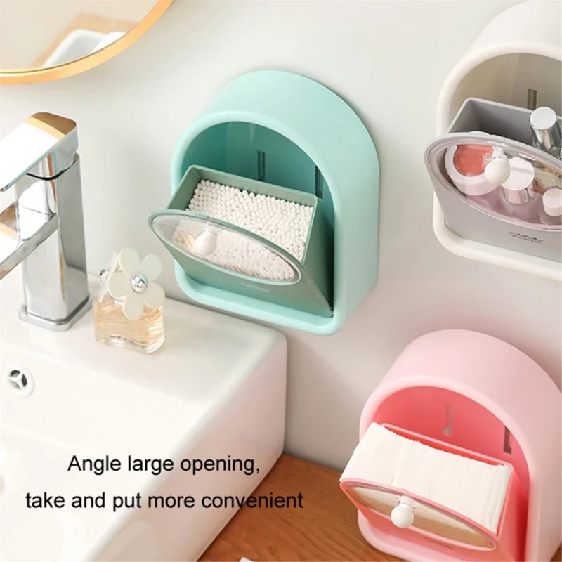Bathroom Wall-Mounted Cotton Swab Holder Cosmetic Storage Box for Cotton Swabs, Makeup Pads - Green