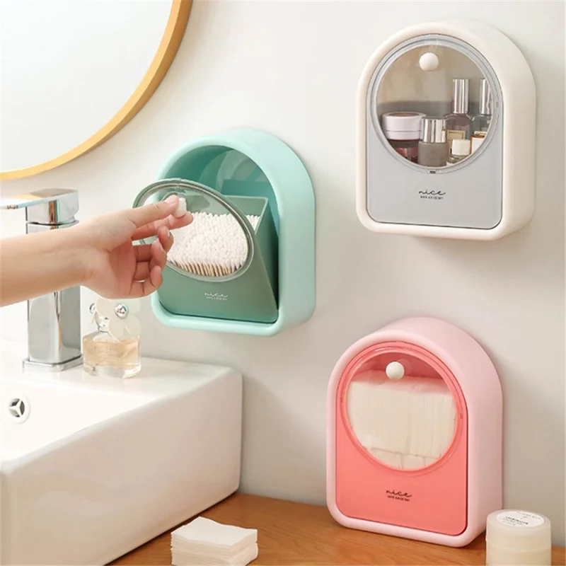 Bathroom Wall-Mounted Cotton Swab Holder Cosmetic Storage Box for Cotton Swabs, Makeup Pads - Green
