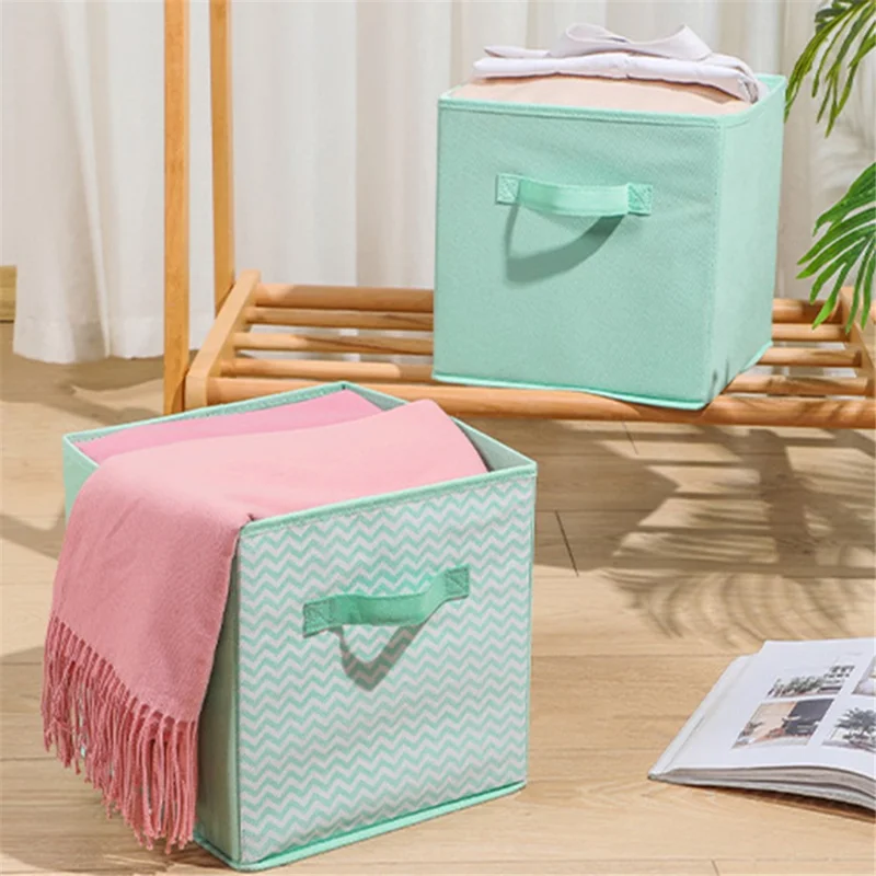 MOHO&HOME Folding Non-woven Fabric Storage Box Cube Bin Toys Sundries Organizer with Handle - Green Wavy Stripes