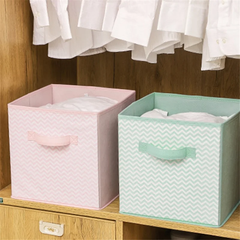 MOHO&HOME Folding Non-woven Fabric Storage Box Cube Bin Toys Sundries Organizer with Handle - Green Wavy Stripes