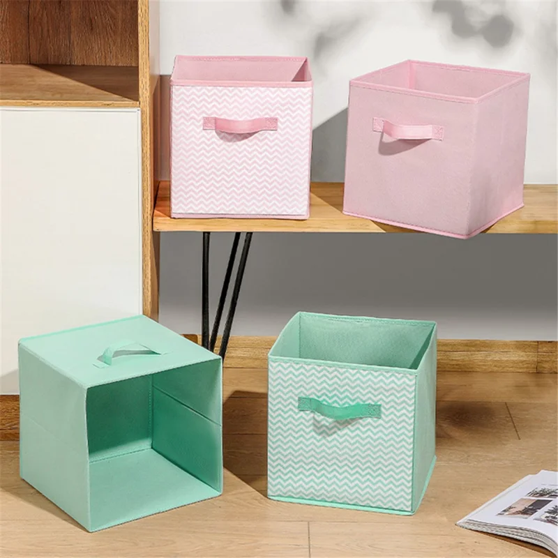 MOHO&HOME Folding Non-woven Fabric Storage Box Cube Bin Toys Sundries Organizer with Handle - Green Wavy Stripes