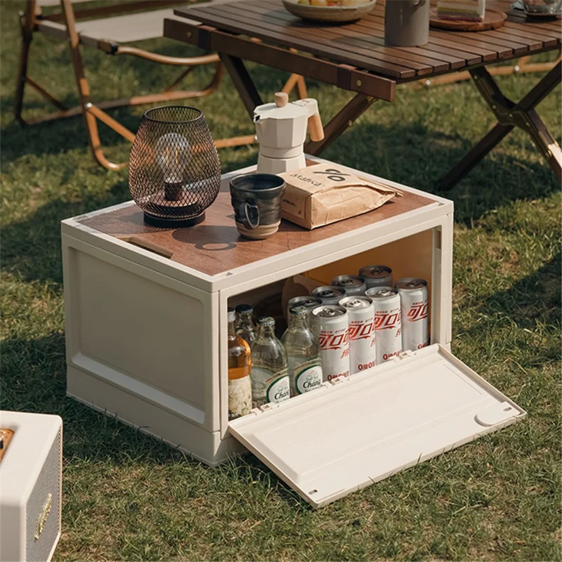 Size L Outdoor Camping Storage Box Foldable PP+Wood Lid Camping Car Trunk Storage Box - Grey White