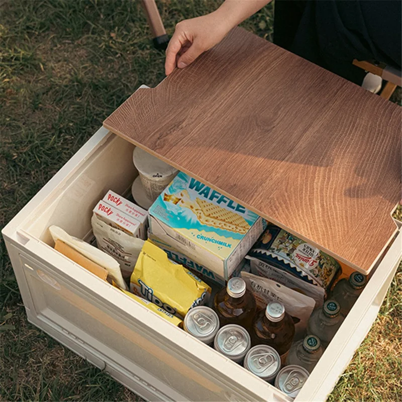 Size L Outdoor Camping Storage Box Foldable PP+Wood Lid Camping Car Trunk Storage Box - Grey White