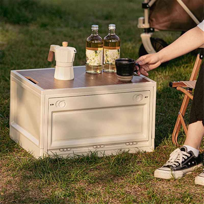 Size L Outdoor Camping Storage Box Foldable PP+Wood Lid Camping Car Trunk Storage Box - Grey White
