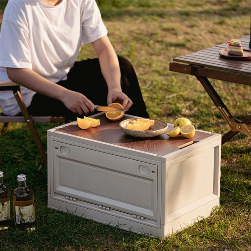 Size L Outdoor Camping Storage Box Foldable PP+Wood Lid Camping Car Trunk Storage Box - Grey White
