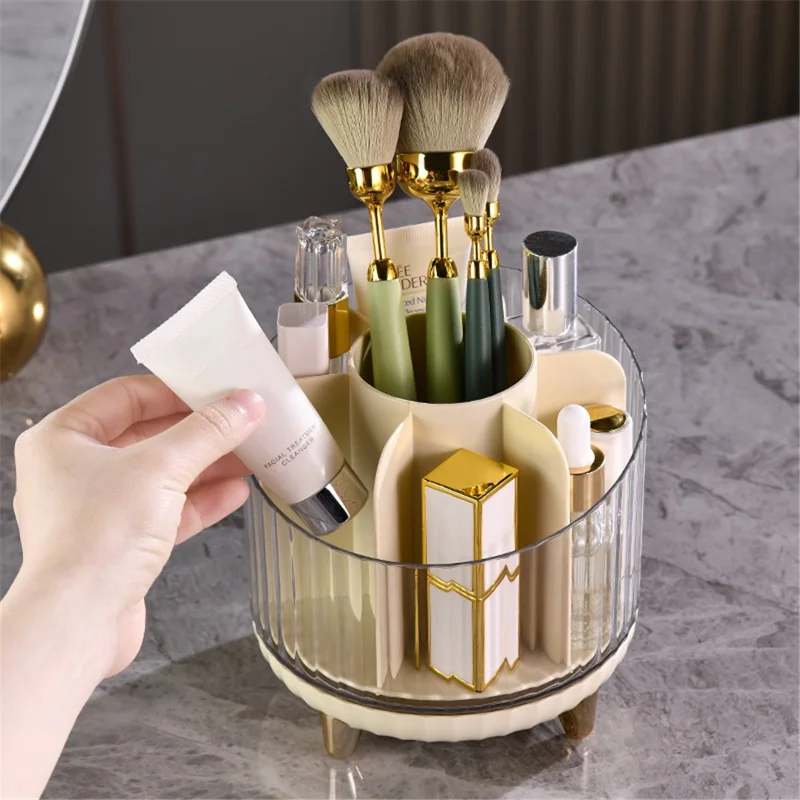 Makeup Organizer Rotating Brush Holder Clear Cosmetic Organizer Storage Display Box - Champagne