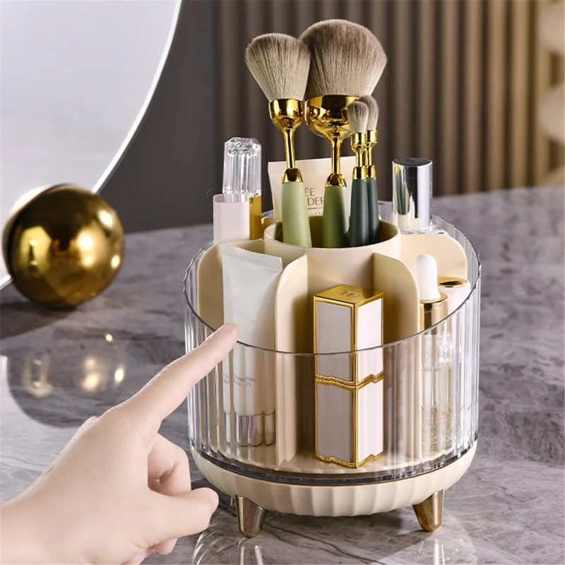 Makeup Organizer Rotating Brush Holder Clear Cosmetic Organizer Storage Display Box - Champagne