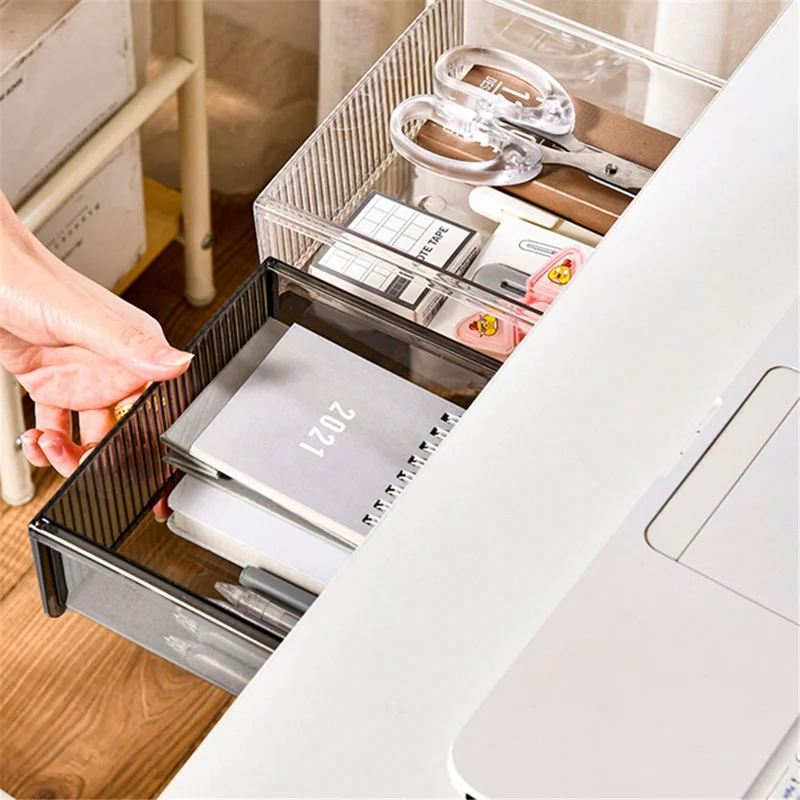 No-Punch Under Desk Drawer Hidden Storage Box ABS+PET Stationery Sundries Organizer, 24*21*6.2cm - Transparent Black