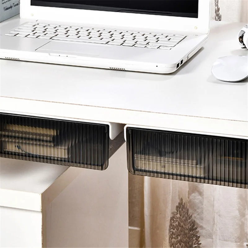 No-Punch Under Desk Drawer Hidden Storage Box ABS+PET Stationery Sundries Organizer, 24*21*6.2cm - Transparent Black