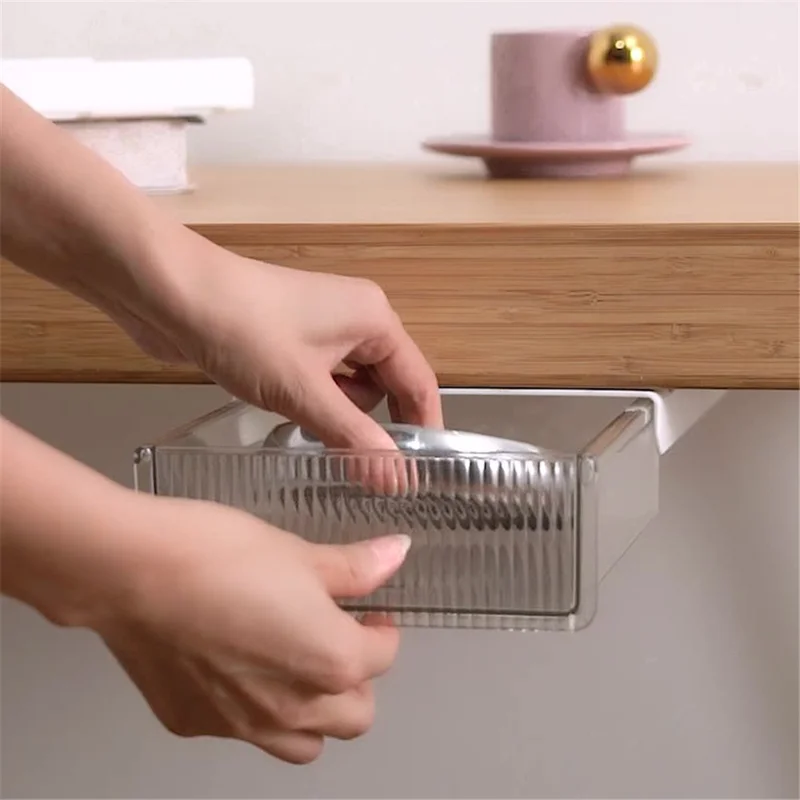 No-Punch Under Desk Drawer Hidden Storage Box ABS+PET Stationery Sundries Organizer, 24*21*6.2cm - Transparent Black