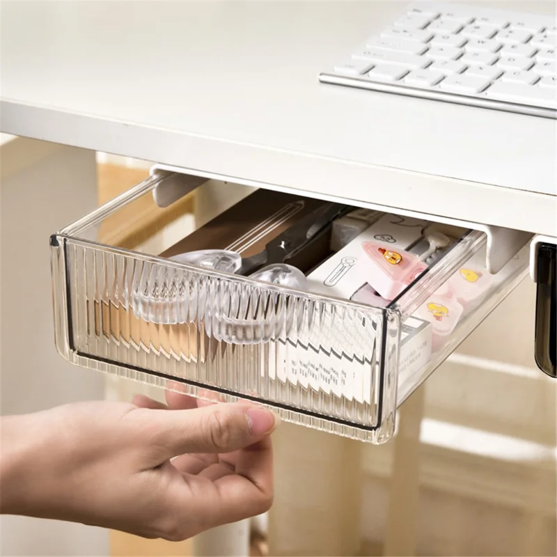 No-Punch Under Desk Drawer Hidden Storage Box ABS+PET Stationery Sundries Organizer, 24*21*6.2cm - Transparent Black