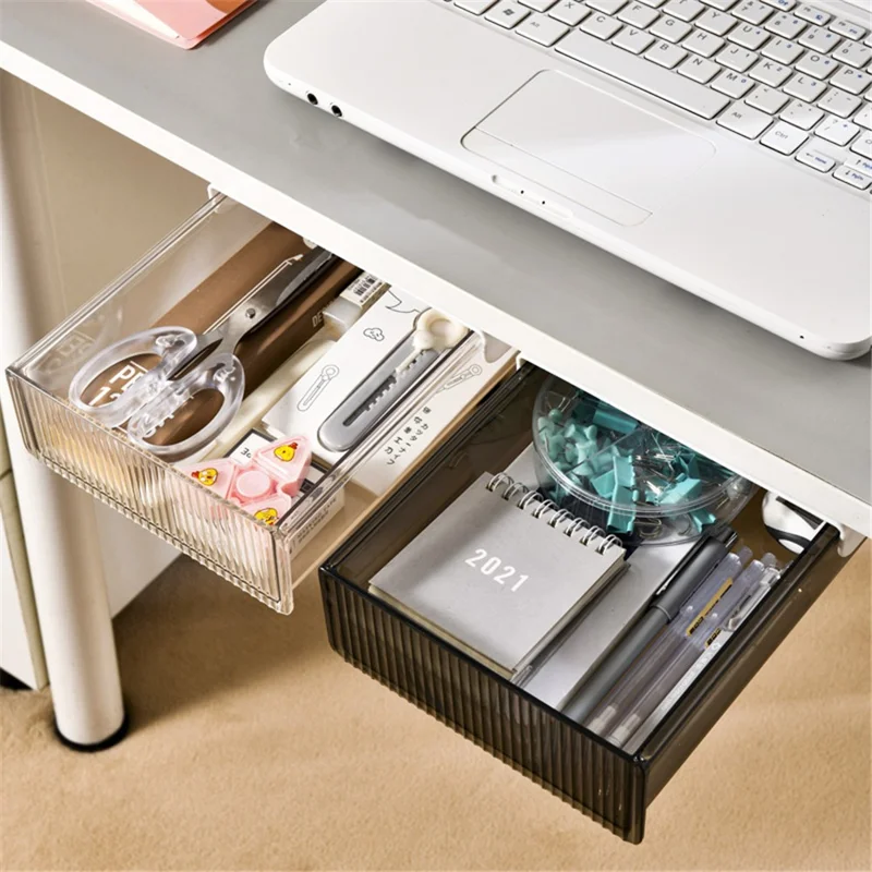 No-Punch Under Desk Drawer Hidden Storage Box ABS+PET Stationery Sundries Organizer, 24*21*6.2cm - Transparent Black