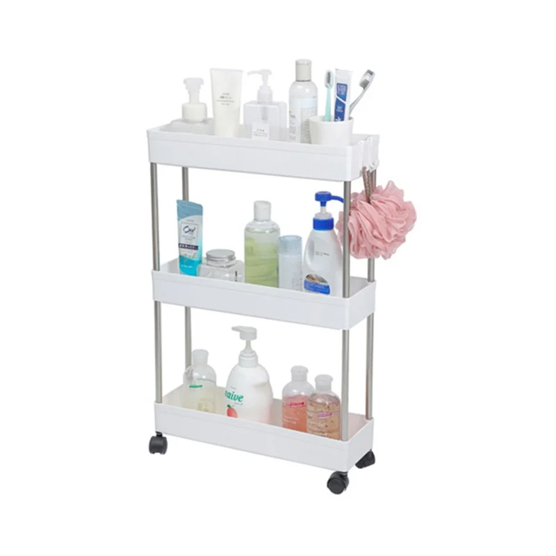 رف تخزين للحمام من مادة البولي بروبيلين والفولاذ المقاوم للصدأ بعجلات، رف تخزين ضيق بثلاث طبقات - أبيض