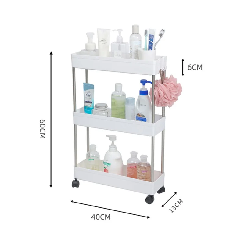 رف تخزين للحمام من مادة البولي بروبيلين والفولاذ المقاوم للصدأ بعجلات، رف تخزين ضيق بثلاث طبقات - أبيض