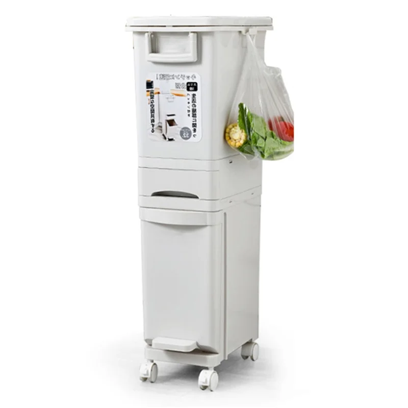 7030 32L Long Tube Kitchen Double Layer Mobile Pulley Garbage Basket Dry Wet Separation Trash Can