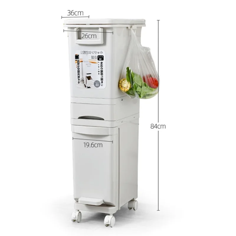 7030 32L Long Tube Kitchen Double Layer Mobile Pulley Garbage Basket Dry Wet Separation Trash Can