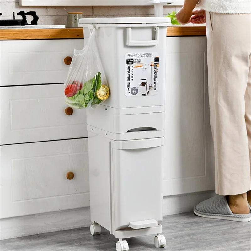 7030 32L Long Tube Kitchen Double Layer Mobile Pulley Garbage Basket Dry Wet Separation Trash Can