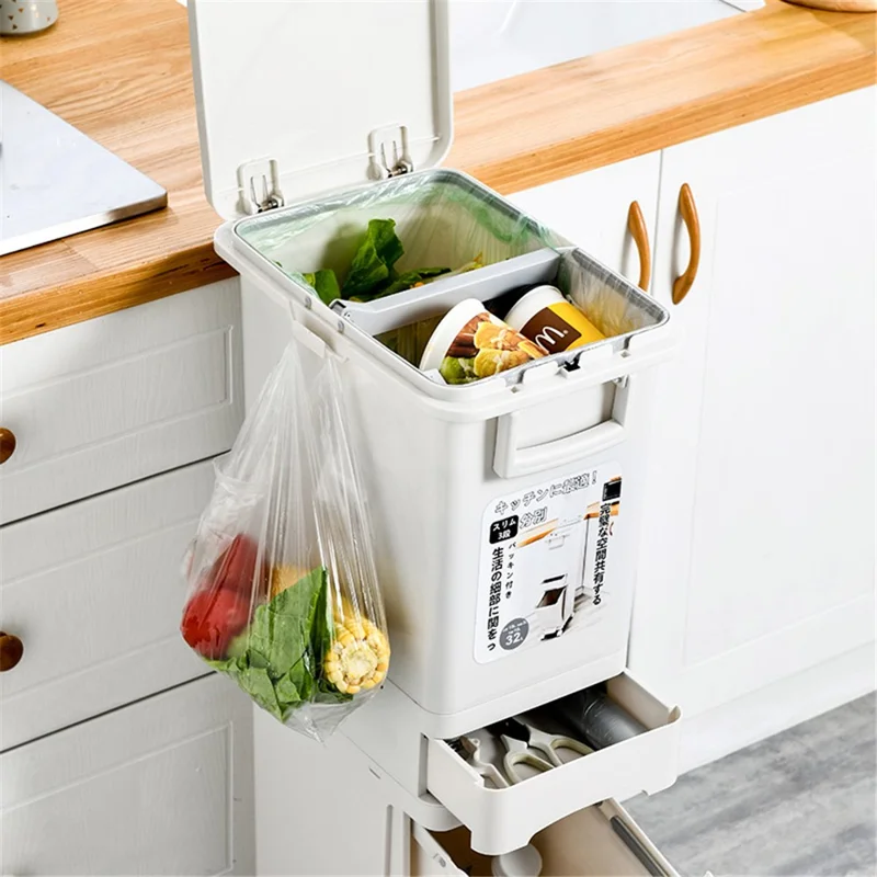 7030 32L Long Tube Kitchen Double Layer Mobile Pulley Garbage Basket Dry Wet Separation Trash Can