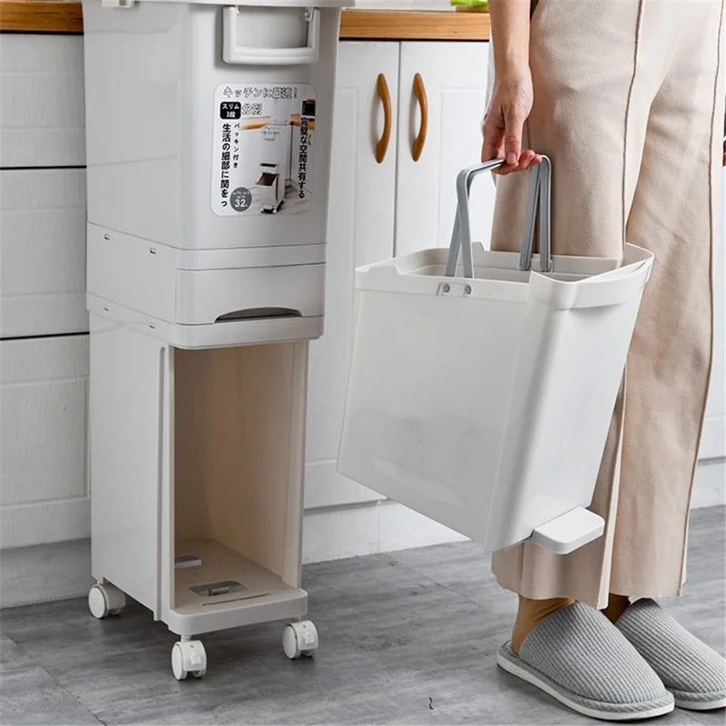 7030 32L Long Tube Kitchen Double Layer Mobile Pulley Garbage Basket Dry Wet Separation Trash Can