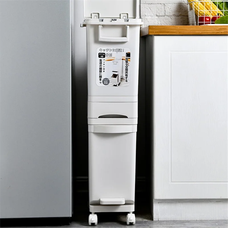 7030 32L Long Tube Kitchen Double Layer Mobile Pulley Garbage Basket Dry Wet Separation Trash Can